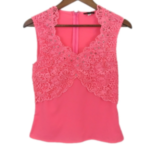 Faisca Neon Pink Gemstone Rhinestone Embellished Crochet Lace Detail Top